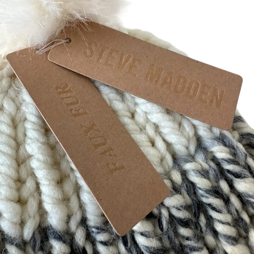 Steve Madden Cream and Gray Chunky Knit Beanie with Faux Fur Pom Pom